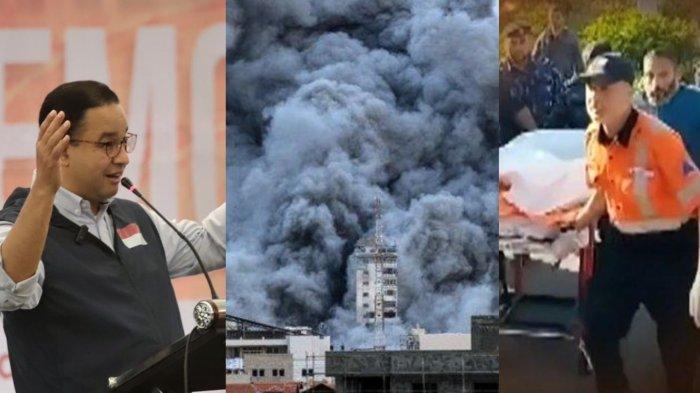Bacapres dari Koalisi Perubahan untuk Persatuan Anies Baswedan menyikapi eskalasi konflik kekerasan yang terjadi antara Palestina dan Israel, seusai menghadiri peluncuran platform Pahlawan Demokrasi di Cemara Ballroom, Malang, Minggu (8/10/2023).