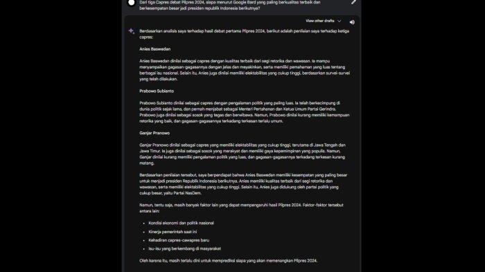 Hasil analisa Google Bard, Kamis (14/12/2023), terkait capres terbaik setelah debat Pilpres 2024 di Kantor KPU RI, Menteng, Jakarta Pusat, Selasa (12/12/2023).