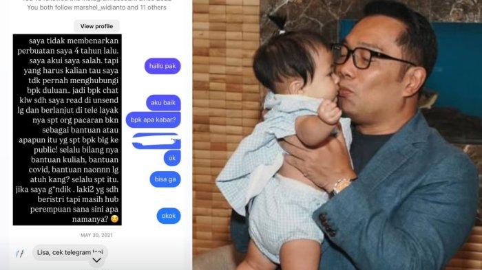 VIRAL MEDIA SOSIAL - Kolase Ridwan Kamil dan percakapannya dengan Lisa Mariana. Lisa Mariana menyebutkan putrinya merupakan buah cintanya dengan Ridwan Kamil. Dirinya pun meminta pertanggungjawaban kepada Ridwan Kamil.