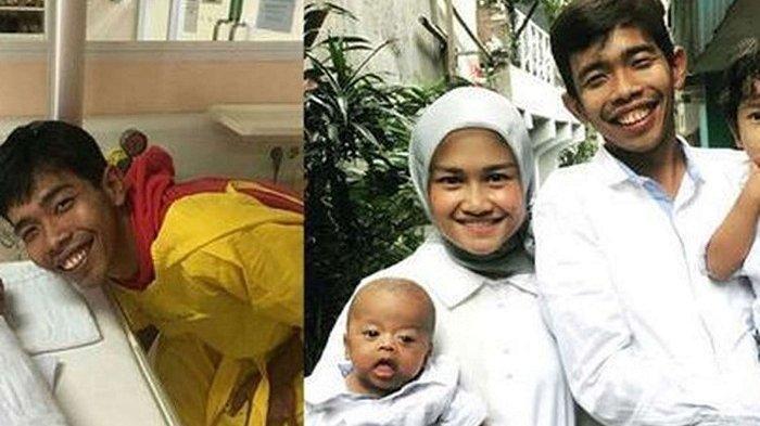 Komedian Dede Sunandar berfoto bersama putranya, Ladzan, yang menderita sakit langka.