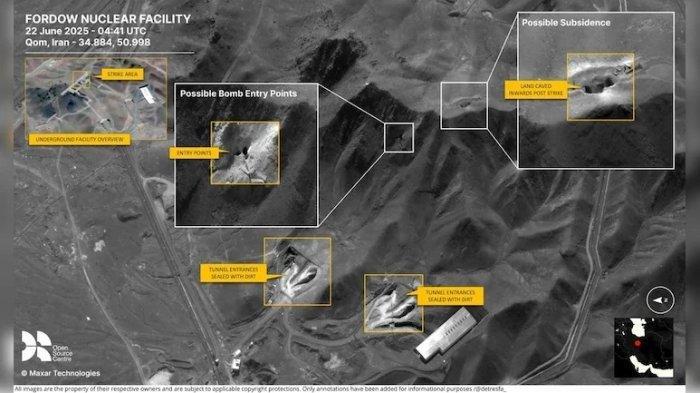 FORDOW PASCA DIBOM AS - Pemandangan fasilitas nuklir Iran di Fordow pasca dibom Amerika Serikat berdasar citra satelit Maxar Technologies, Sabtu, 21 Juni 2025.