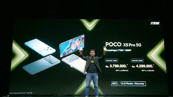 Head of Marketing POCO Indonesia Andi Renreng saat momen peluncuran POCO F5 dan POCO X5 Pro 5G di Jakarta, Selasa (27/6/2023).