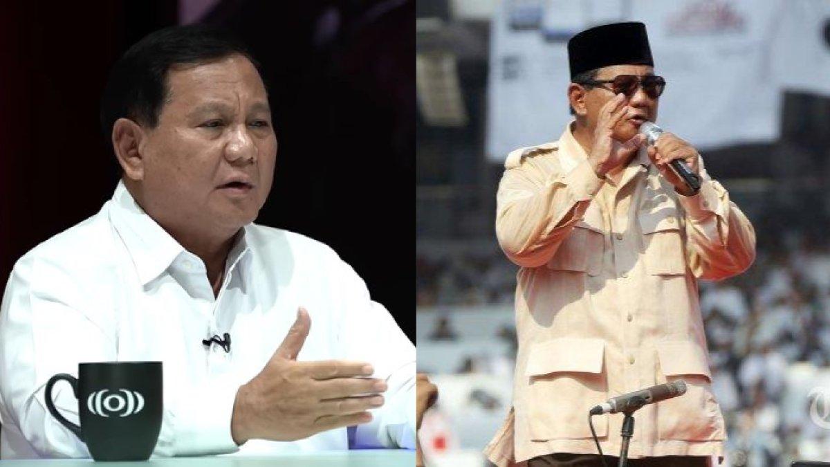 Foto kiri: Menhan RI Prabowo Subianto saat menjadi bintang tamu dalam acara Najwa Shihab, Kamis (29/6/2023). Foto kanan: Calon Presiden nomor urut 02 Prabowo Subianto saat memberikan orasi politik didepan masa pendukung di Stadion Utama Gelora Bung Karno (SUGBK), Jakarta Pusat, Minggu (7/4/2019). Pada orasi politik tersebut Prabowo mengajak pendukungnya untuk mencoblos dirinya.