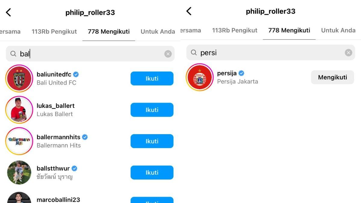Philip Roller kepegok me-follow akun Instagram resmi Bali United dan Persija Jakarta.