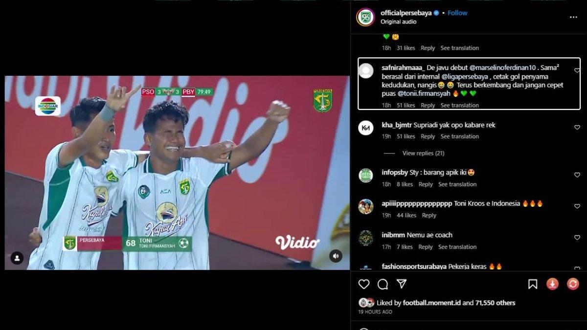 Aksi Toni Firmansyah yang sukses mencetak gol untuk Persebaya Surabaya di laga debutnya berhasil membuat Bonek Mania deja vu aksi Marselino Ferdinan dua tahun silam, Minggu 25 Juni 2023.