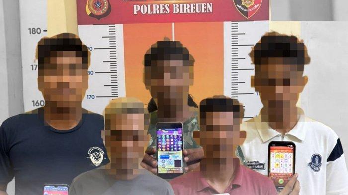 Lima tersangka judi online yang ditangkap Polres Bireuen baru-baru ini.