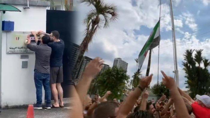 Aksi penggantian bendera nasional Suriah dengan bendera oposisi yang dikenal sebagai bendera pemberontak oleh warga Suriah di Kedutaan Besar Suriah di Kuala Lumpur, Malaysia, Minggu (8/12/2024)