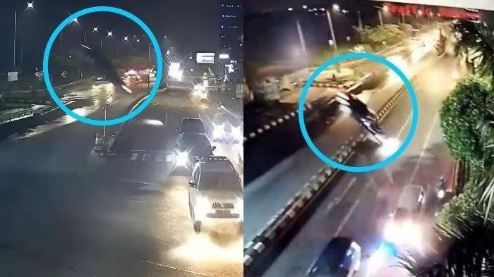 BMW TERJUN: Rekaman CCTV menunjukkan mobil BMW terjun bebas dari ujung Tol Krian-Gresik ke Jalan Raya Wahidin Sudirohusodo, Kecamatan Kebomas, Kabupaten Gresik, Jawa Timur pada Sabtu (5/4/2025) malam. Disebutkan, pengemudi mobil terlalu fokus melihat Google Maps.