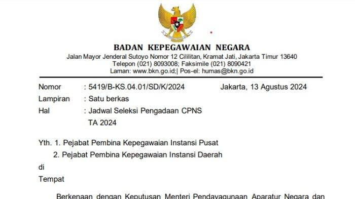 Badan Kepegawaian Negara (BKN) resmi merilis jadwal pelaksanaan seleksi CPNS 2024 melalui Surat Plt Kepala BKN Nomor 5419/B-KS.04.01/SD/K/2024 tertanggal 13 Agustus 2024.