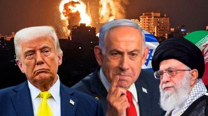 Kolase Presiden Amerika Serikat (AS), Donald Trump, Perdana Menteri Israel Benyamin Netanyahu, dan pemimpin tertinggi Iran Ayatollah Ali Khamenei.