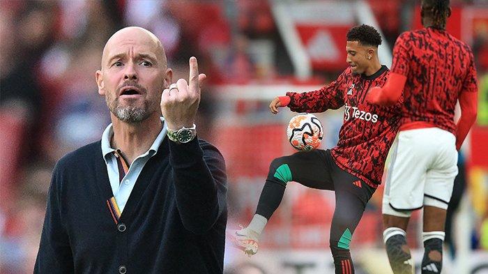 Pelatih Manchester United Erik Ten Hag dan Pemain Winger Manchester United Jadon Sanchon. (KOLASE SERAMBINEWS/AFP/GLYN KIRK/LINDSEY PARNABY).