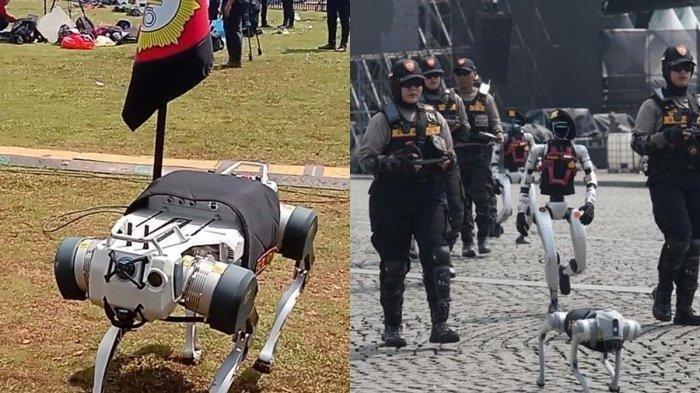 HARGA ROBOT ANJING : Penampakan robot anjing yang ditampilkan dalam perayaan HUT ke-79 Bhayangkara, Monas, Jakarta, Selasa (1/7/2025) (Kompas.com/Shela Octavia/kolase)