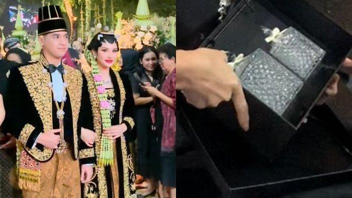 NGUNDUH MANTU AL GHAZALI - (kiri) Potret Al Ghazali dan Alyssa saat acara Ngunduh mantu yang digelar pada Rabu malam (19/6/2025) di Jakarta Convention Center (JCC), Jakarta Pusat. (kanan) Isi souvenir ngunduh mantu.