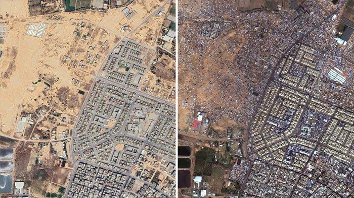 Gambar komposit menunjukkan (LR) Rafah pada tahun 2022, dan pada tahun 2024 dengan warga sipil memenuhi area tersebut.