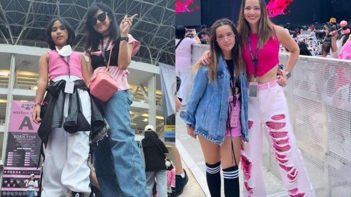 Artis Dian Sastro bersama anaknya (kiri) dan Nia Ramadhani bersama anaknya (kanan) nonton konser BLACKPINK hari kedua, Minggu (12/3/2023).