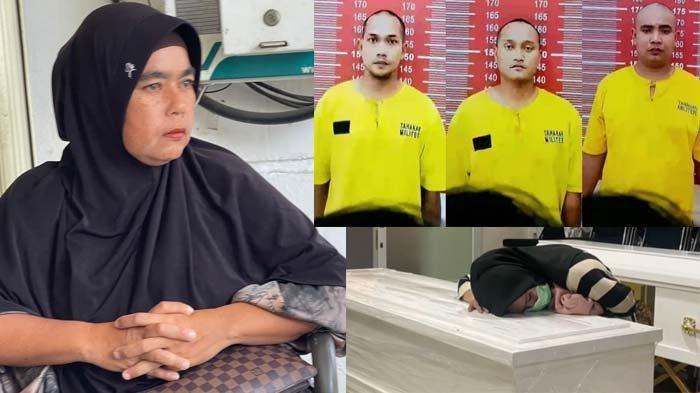 Ibu Fauziah (47) Ibunda Imam Masykur, warga Bireuen Aceh korban penganiayaan hingga tewas yang diduga dilakukan oleh oknum Paspampres siang tadi bertemu dengan pelaku di Pomdam Jaya Jakarta Selatan, Selasa (5/9/2023)