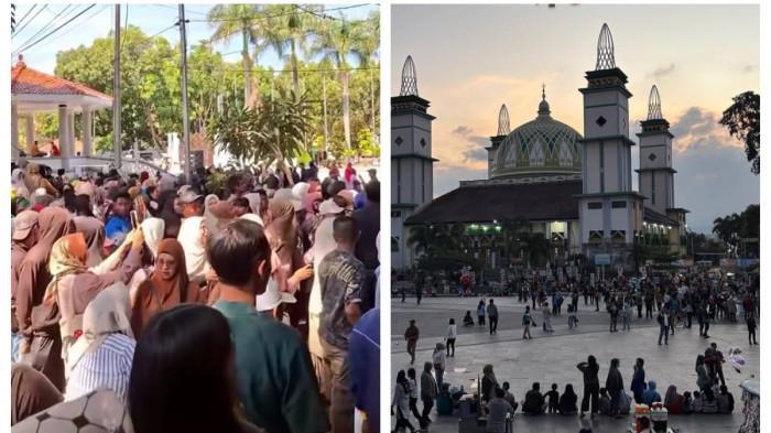 MAKAN KORBAN - kepadatan warga di kawasan Alun-alun Garut di acara pesta rakyat dan makan gratis pada rangkaian kegiatan pernikahan Wakil Bupati Garut, Putri Karlina, dengan Maula Akbar, putra Gubernur Jawa Barat Dedi Mulyadi sebelum insiden tewasnya warga dan polisi karena desak-desakan, berebut makanan, Jumat sore, 18 Juli 2025. (Kolase Tribunnews)
