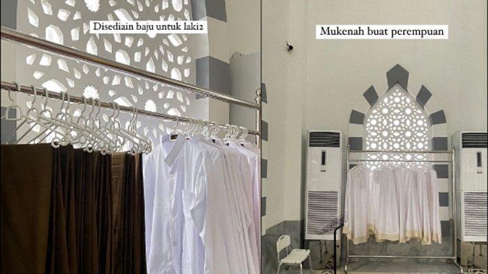 Mukena untuk perempuan, juga baju panjang dan kain sarung untuk jamaah laki-laki di dalam Masjid Haji Muhammad Hanafiah Lhoksukon, Aceh Utara.