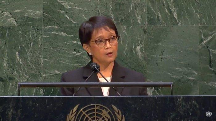 Menlu RI Retno Marsudi saat menyampaikan pernyataan dalam Debat Umum Sidang Pleno ke-67, Sidang Majelis Umum PBB yang berlangsung di Markas PBB, New York, AS, Kamis (20/05/2020).