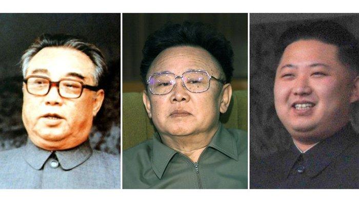 Para Pemimpin Korea Utara (dari kiri ke kanan): Kim Il Sung (1912-1994), Kim Jong Il (1942-2011), dan Kim Jong Un (1984- ).