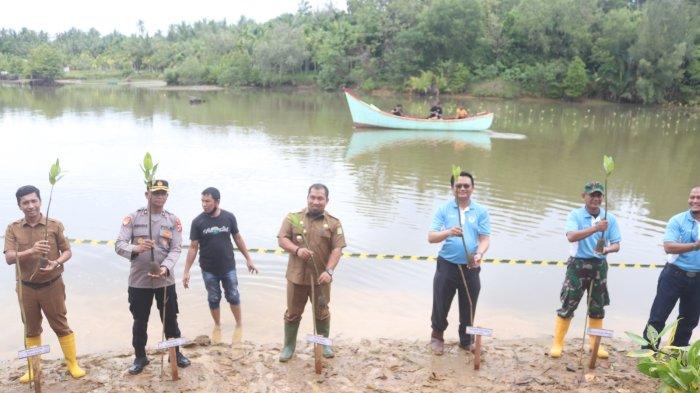 Pj Bupati Aceh Besar, Muhammad Iswanto bersama GM PT SBA, M Anwar Bakti melakukan penanaman pohon mangrove secara simbolis di Sungai Krueng Raba, Kecamatan Lhoknga, Selasa (12/12/2023).
