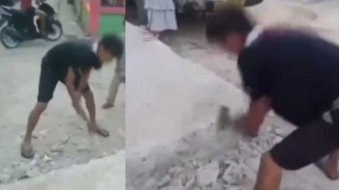 Beredar video yang menunjukkan seorang warga menghancurkan ujung jalan semenisasi di Nunukan, Kalimantan Utara.