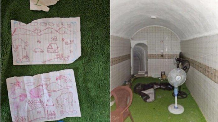Gambar kombinasi ini menunjukkan gambar yang dibuat oleh seorang sandera berusia 5 tahun yang ditahan di Gaza dan ditemukan di sebuah terowongan di Khan Younis, Gaza selatan, di sebelah kiri, dan area di mana para sandera ditahan di dalam terowongan, dalam gambar yang dirilis oleh IDF pada 20 Januari 2024.