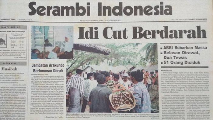 TRAGEDI ARAKUNDO - Tragedi 'Idi Cut Berdarah' 3 Februari 1999 jadi headline di Harian Serambi Indonesia edisi 4 Februari 1999 yang terbit dengan jumlah 8 halaman. (Arsip Serambi Indonesia/Serambinews.com/Yeni Hardika)