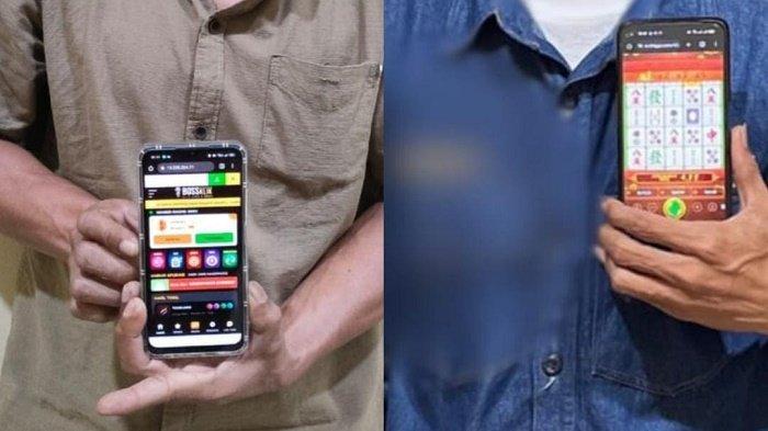 Dua pelaku judi online memperlihatkan barang bukti berupa Gadget sebagai alat transaksi, Sabtu (27/5/2024)