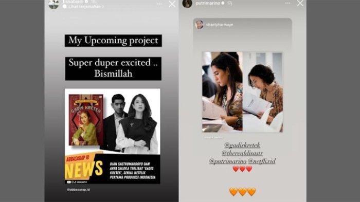 Unggahan Instagram Tissa Biani dan Putri Marino saat mengumumkan soal project 'Gadis Kretek'. Serial Original Netfilx Indonesia Pertama 'Gadis Kretek' Siap Digarap, Bocoran Pemain Sudah Mulai Bermunculan .