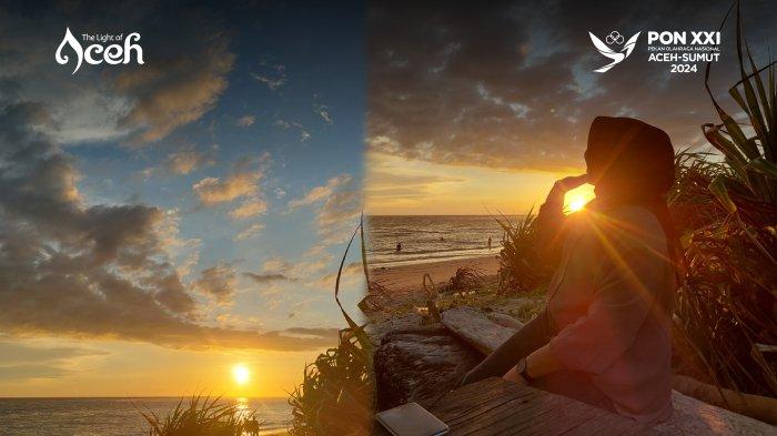 Seorang pengunjung menikmati suasana pantai lampuuk menjelang terbenamnya matahari. Pantai ini jadi tempat berburu sunset bagi kawula muda.