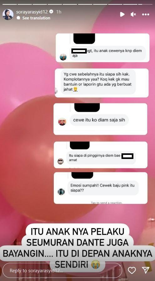 Artis Soraya Rasyid mengungkap sosok anak berbaju pink yang berada di kolam renang, di dekat Dante Khalif Pramudiyo atau Dante (6) melalui Instagram Story-nya