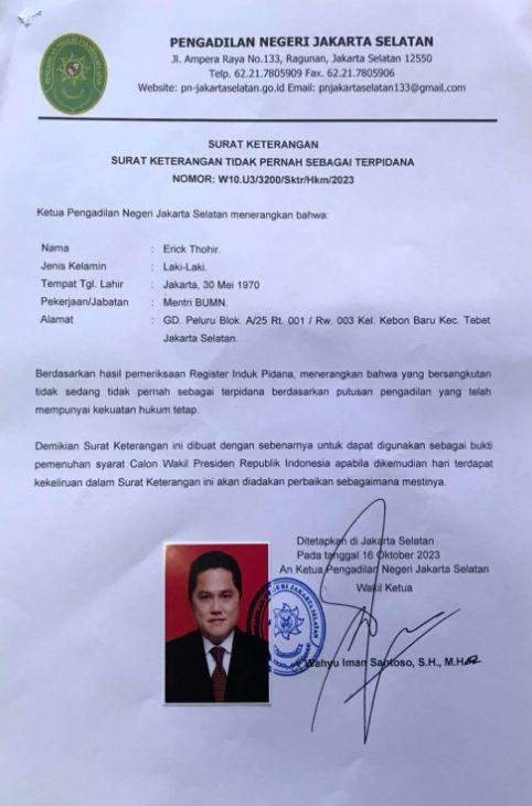 Beredar Surat Keterangan Tidak Pernah Di Pidana Erick Thohir