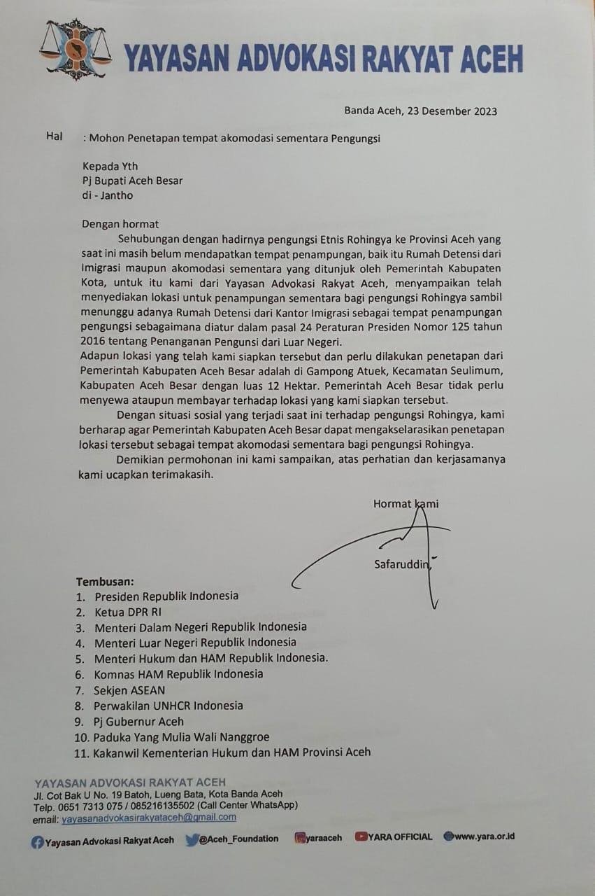 Safaruddin YARA Surati Pj Bupati Aceh Besar, Soal Perizinan Pemberian Lahan 12 Hektar untuk Rohingya