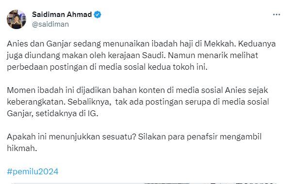 Saidiman Ahmad, menyoroti kedua sikap bakal calon presiden Ganjar dan Anies saat berhaji
