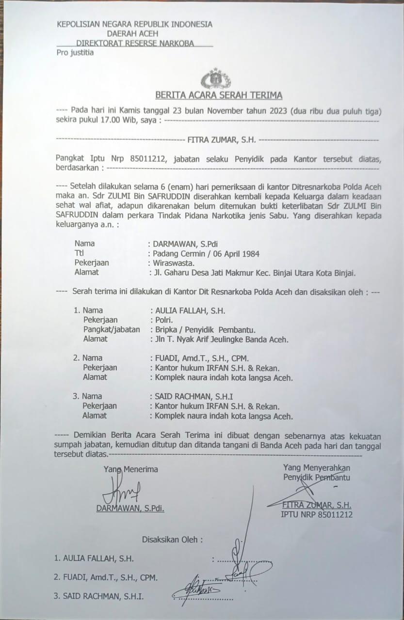Surat Ditresnarkoba Polda Aceh yang diterima Serambi pada Sabtu, (25/11/2023)