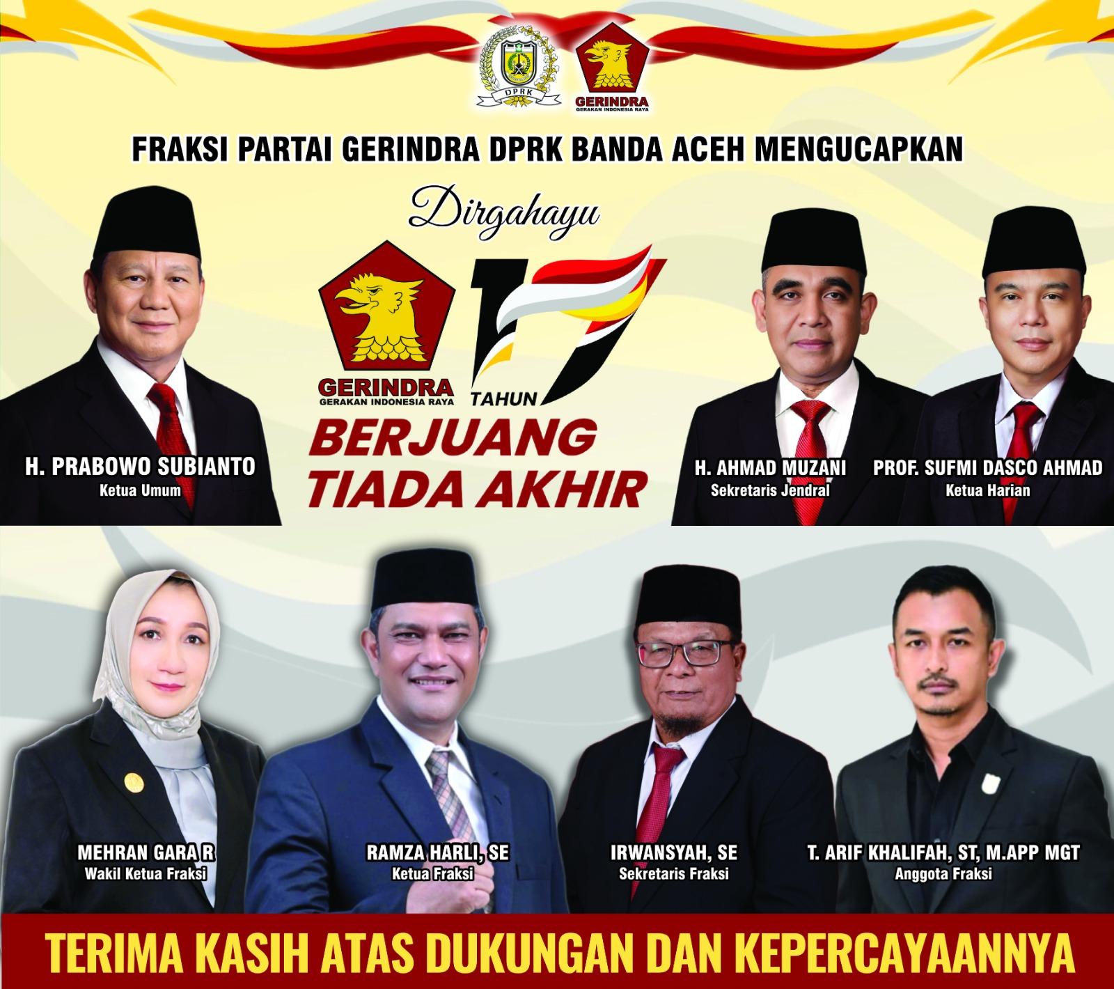 Fraksi Gerindra DPRK Banda Aceh Ucapkan Selamat HUT ke-17 Partai Gerindra