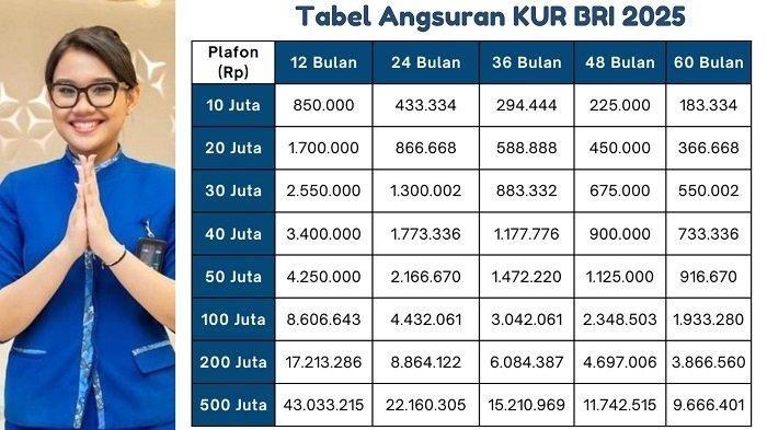 TABEL KUR BRI 2025 - Berikut ini ditampilkan tabel KUR BRI Mei 2025. Silahkan cek plafon dengan besaran angsuran dari nilai kredit Rp50 hingga Rp250 juta