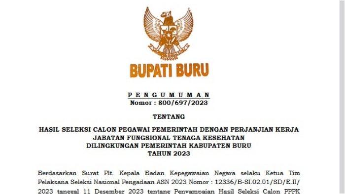 HASIL SELEKSI CALON PEGAWAI PEMERINTAH DENGAN PERJANJIAN KERJA JABATAN FUNGSIONAL TENAGA KESEHATAN DILINGKUNGAN PEMERINTAH KABUPATEN BURU TAHUN 2023
