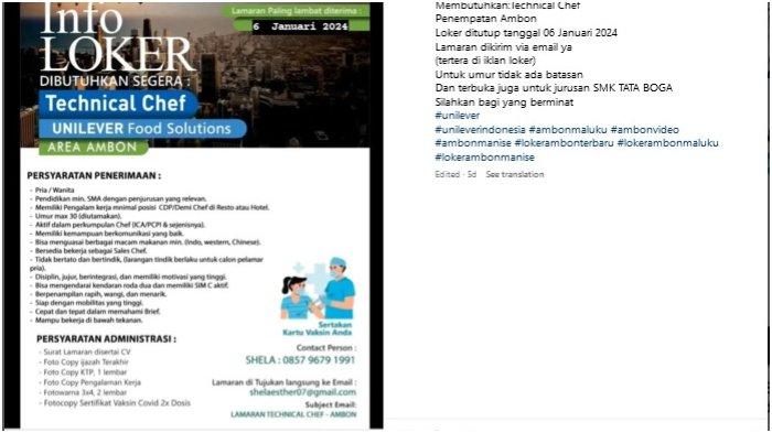 Info Loker Dibutuhkan Segera Technical Chef UNILEVER Food Solutions Area Ambon