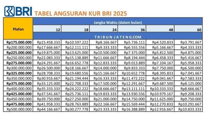 Tabel Pinjaman KUR BRI 2025, mulai Rp 175 Juta sampai Rp 500 Juta