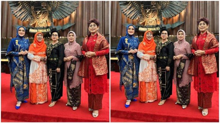 Widya Pratiwi dari PAN berswafoto bersama Anggota DPR RI asal Maluku lainnya yaitu Saadiah Uluputty dari PKS dan Mercy Barends dari PDIP serta DPD RI asal Maluku Anna Latuconsina dan Novita Anakotta, usai pelantikan, Senin (1/10/2024)