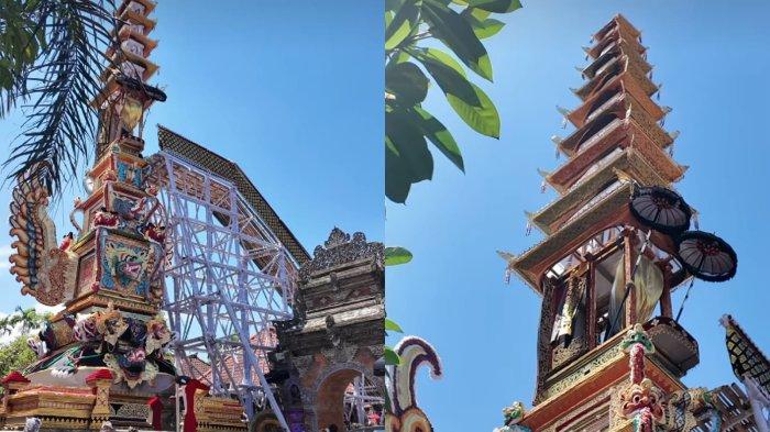 Bade yang menjulang tinggi di Catus Pata Ubud pada Sabtu 13 April 2024 - Palebon Tjokorda Santaka Gunakan Bade Tumpang 9 Setinggi 25 Meter, Berat 5 Ton, Dililit Naga Banda