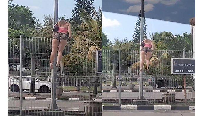 Tangkapan layar dari video viral di media sosial seorang bule perempuan manjat pagar Bandara Ngurah Rai.