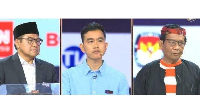 Dari kiri ke kanan: Ketiga capres yaitu Muhaimin Iskandar, Gibran Rakabuming Raka, dan Mahfud MD dalam dalam debat cawapres 2024, Jumat 22 Desember 2023.