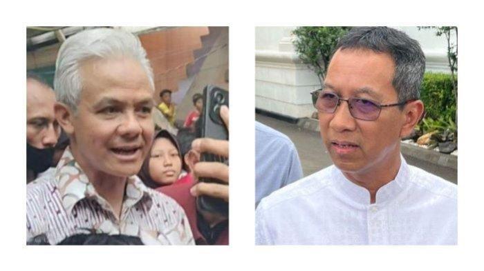Kolase foto Capres Ganjar Pranowo dan Pj Gubernur DKI Jakarta Heru Budi Hartono. Ketua DPW Partai NasDem Jawa Barat Saan Mustopa menanggapi soal sikap Ganjar Pranowo yang menelepon penjabat Gubernur DKI Jakarta Heru Budi Hartono saat blusukan di Pasar Ikan, Jakarta Utara.