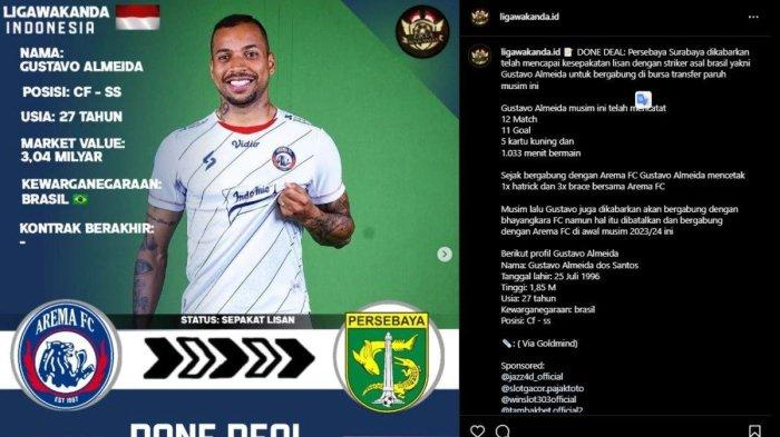 Rumor merapatnya bomber Arema FC, Gustavo Almeida ke Persebaya Surabaya jelang putaran kedua Liga 1 2023, Kamis 12 Oktober 2023.