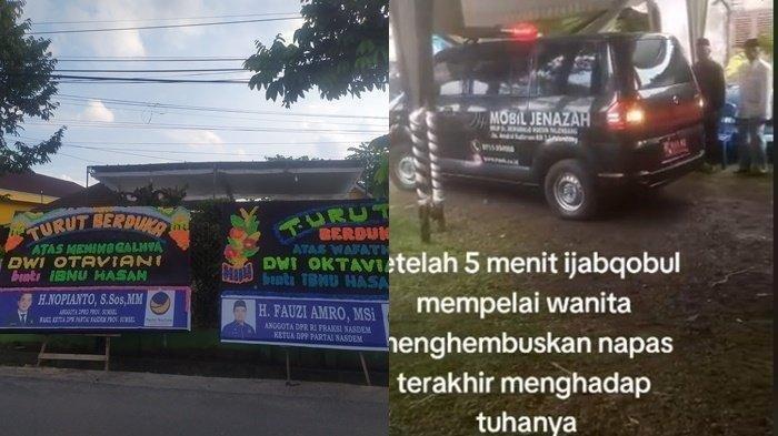 Karangan bunga terpasang di depan rumah pengantin wanita meninggal dunia 5 menit usai ijab kabul di Palembang, Senin 3 Juli 2023.