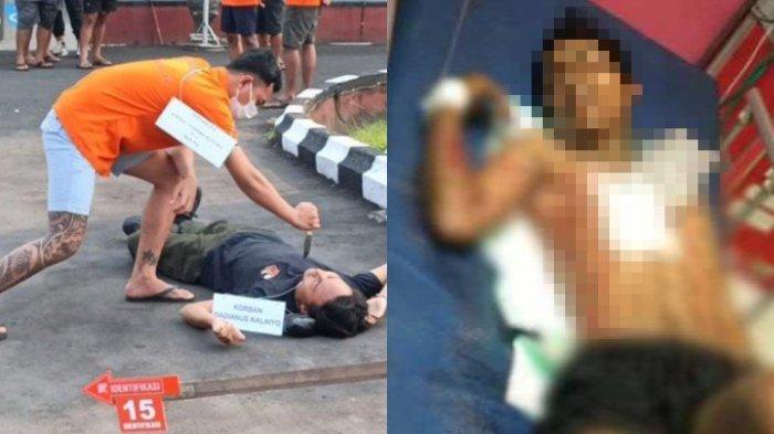 Kolase foto: (foto kiri) Salah satu adegan rekonstruksi pembunuhan terhadap korban Dedianus Kaliyo (19) di Halaman Polres Gianyar. (foto kanan) korban Dedianus Kaliyo setelah dinyatakan meninggal dunia.