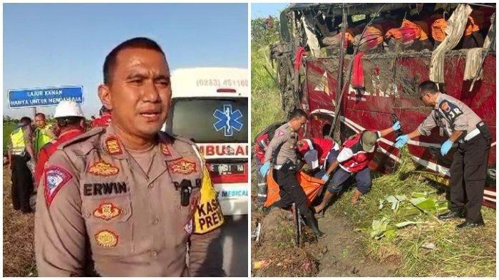 (KIRI) Polisi saat menjelaskan kecelakaan bus di Tol Pemalang dan (KIRI) Proses evakuasi korban. Berikut fakta-fakta kecelakaan maut bus di Tol Pemalang-Pejagan pada Senin (10/7/2023).